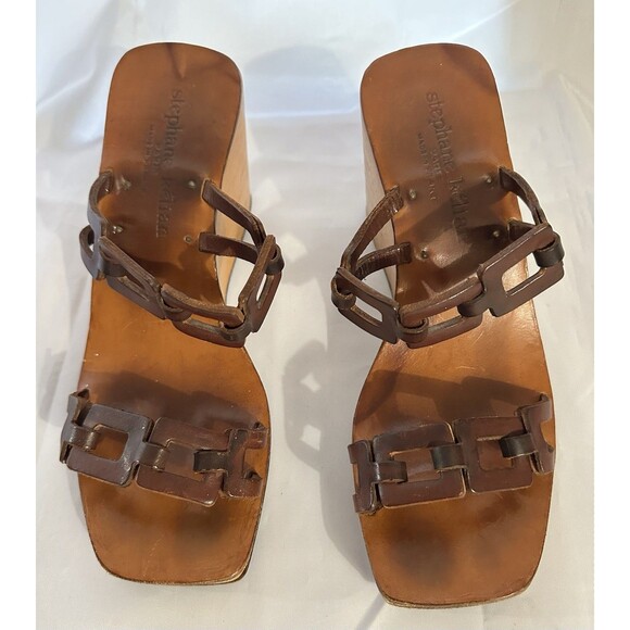 Vintage Stephane Kelian Brown Leather And Wood Platform Wedge Sandals Sz 9.5 - Picture 4 of 16